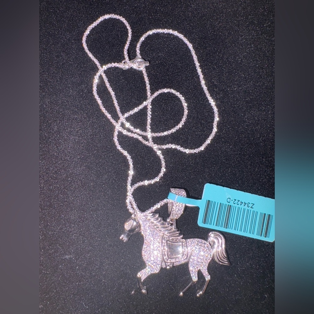 925 Solid Silver Moissanite Horse Pendant+925 silver‎ Italian twisted rock chain